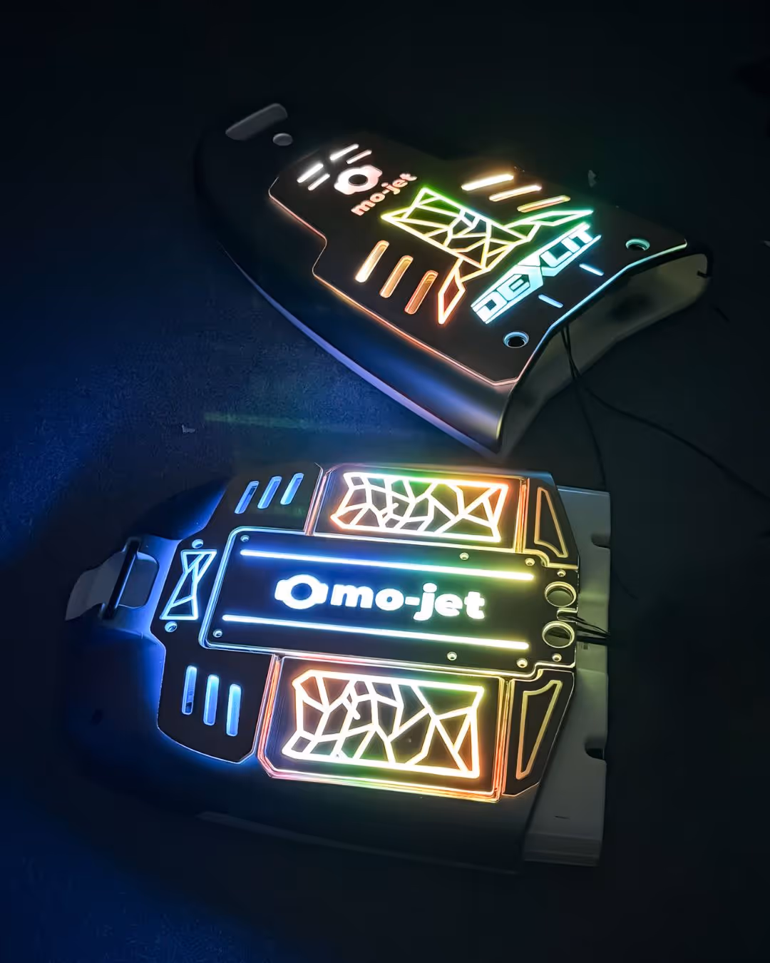 Mo-Jet jetboard panels with custom illuminated patterns and branding.
