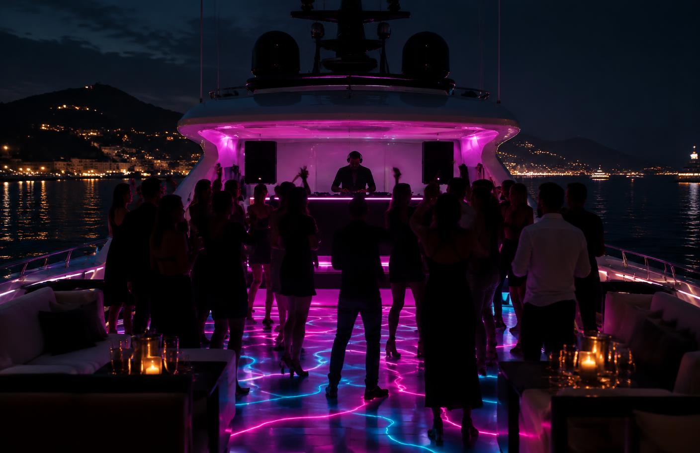 Design visual of a yacht deck event at night with deck lighting responding to music