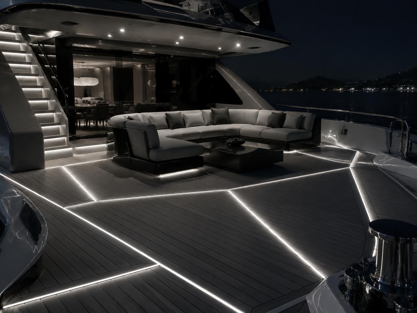 Design visual of an aft deck with a cool white geometric light pattern integrated in a graphite deck