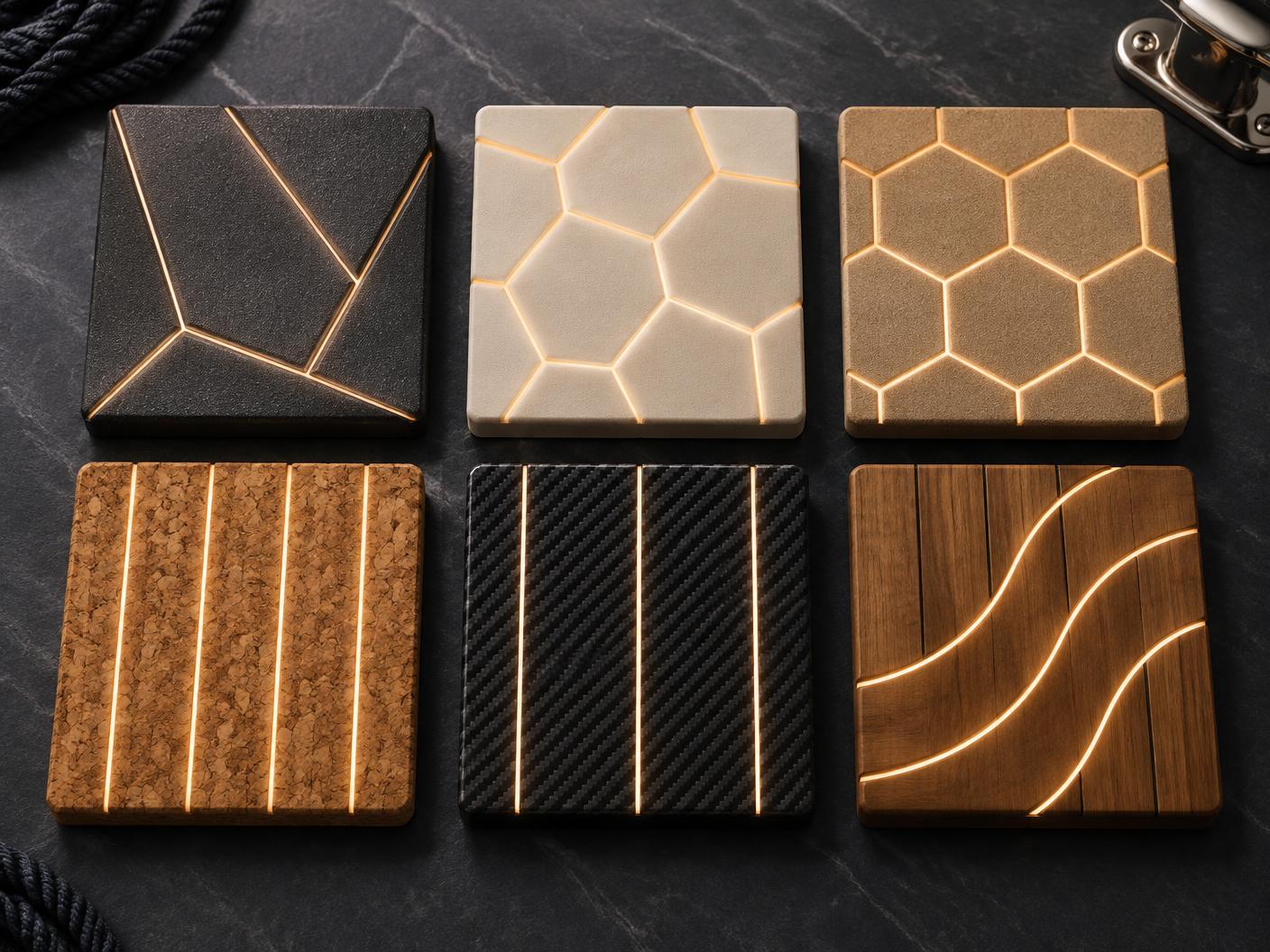 Design visual of six deck surface samples with different illuminated patterns