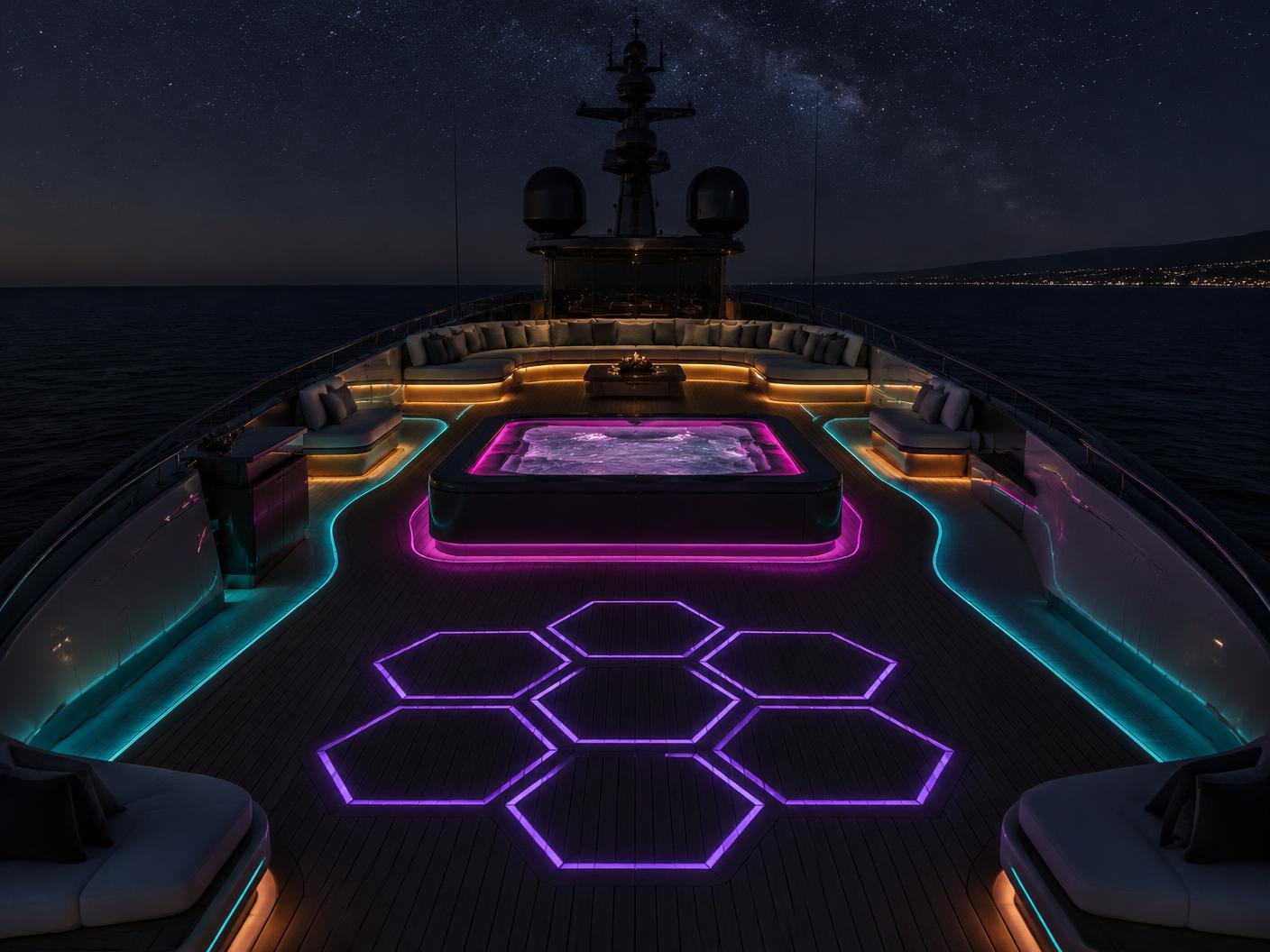 Design visual of a superyacht sundeck at night with magenta, turquoise, amber and violet lighting zones in the deck