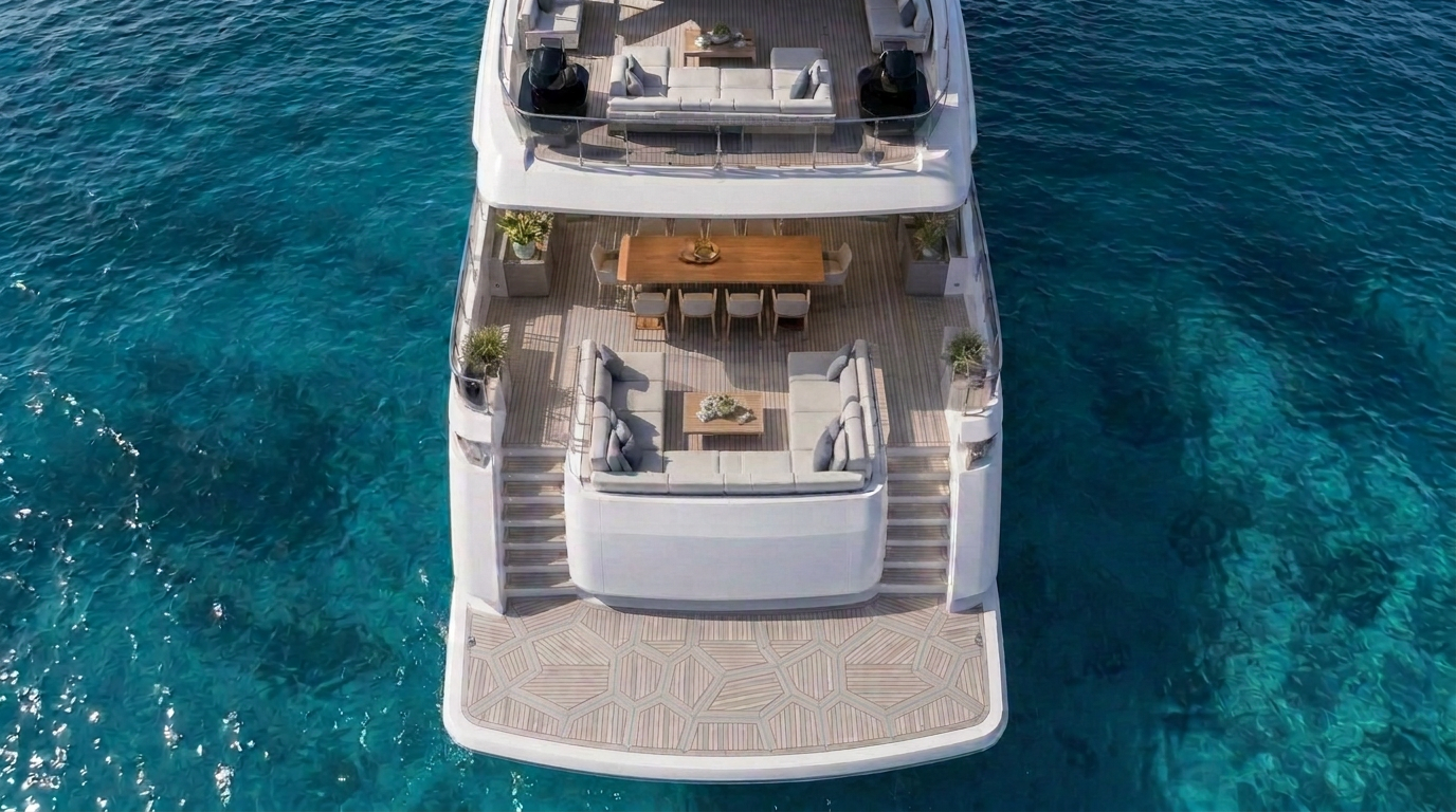 Generated design visual: superyacht stern, bathing platform and aft deck with a DEXLIT deck surface in daylight