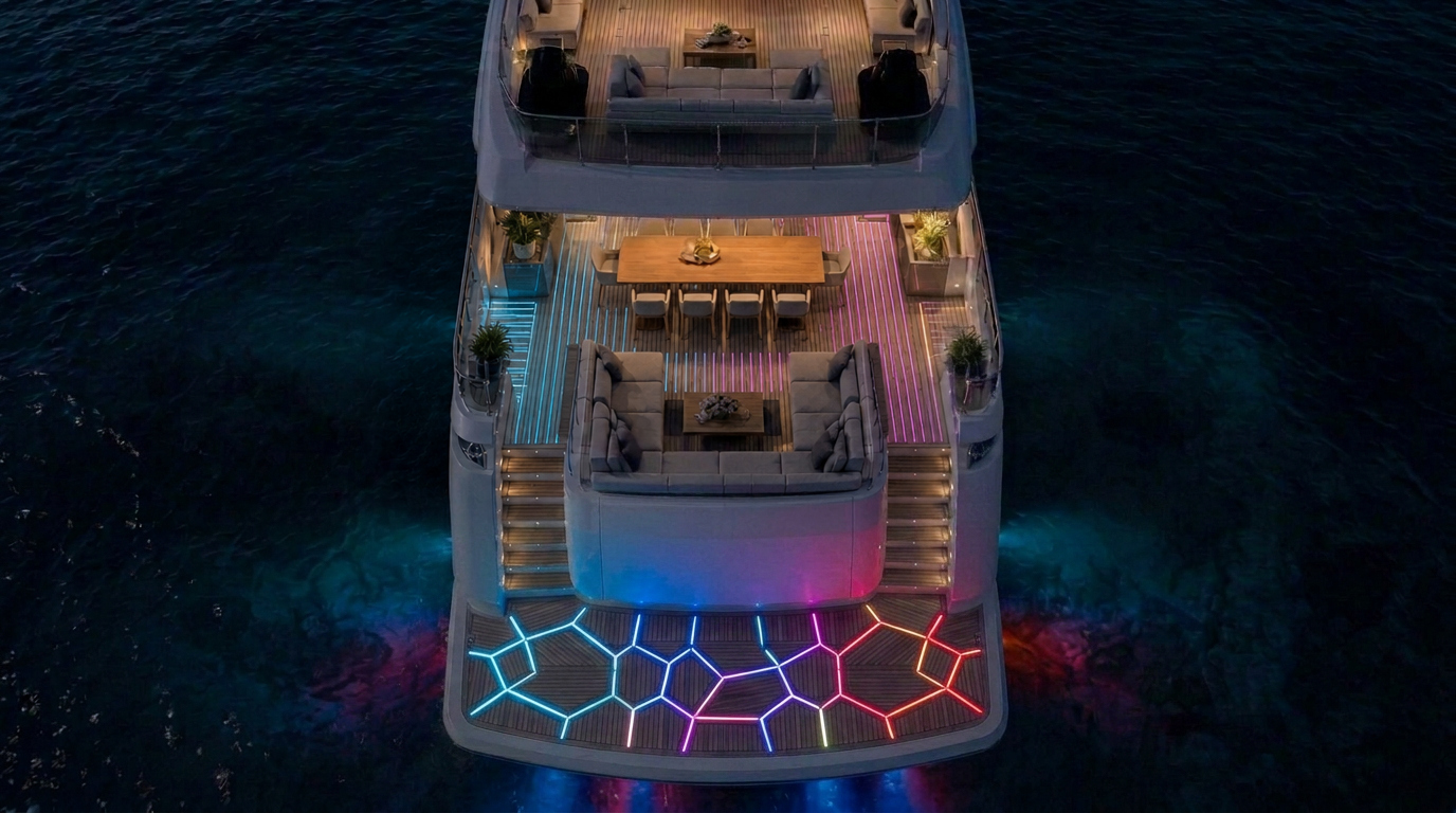 Generated design visual: the same superyacht deck at night with integrated DEXLIT lighting illuminated