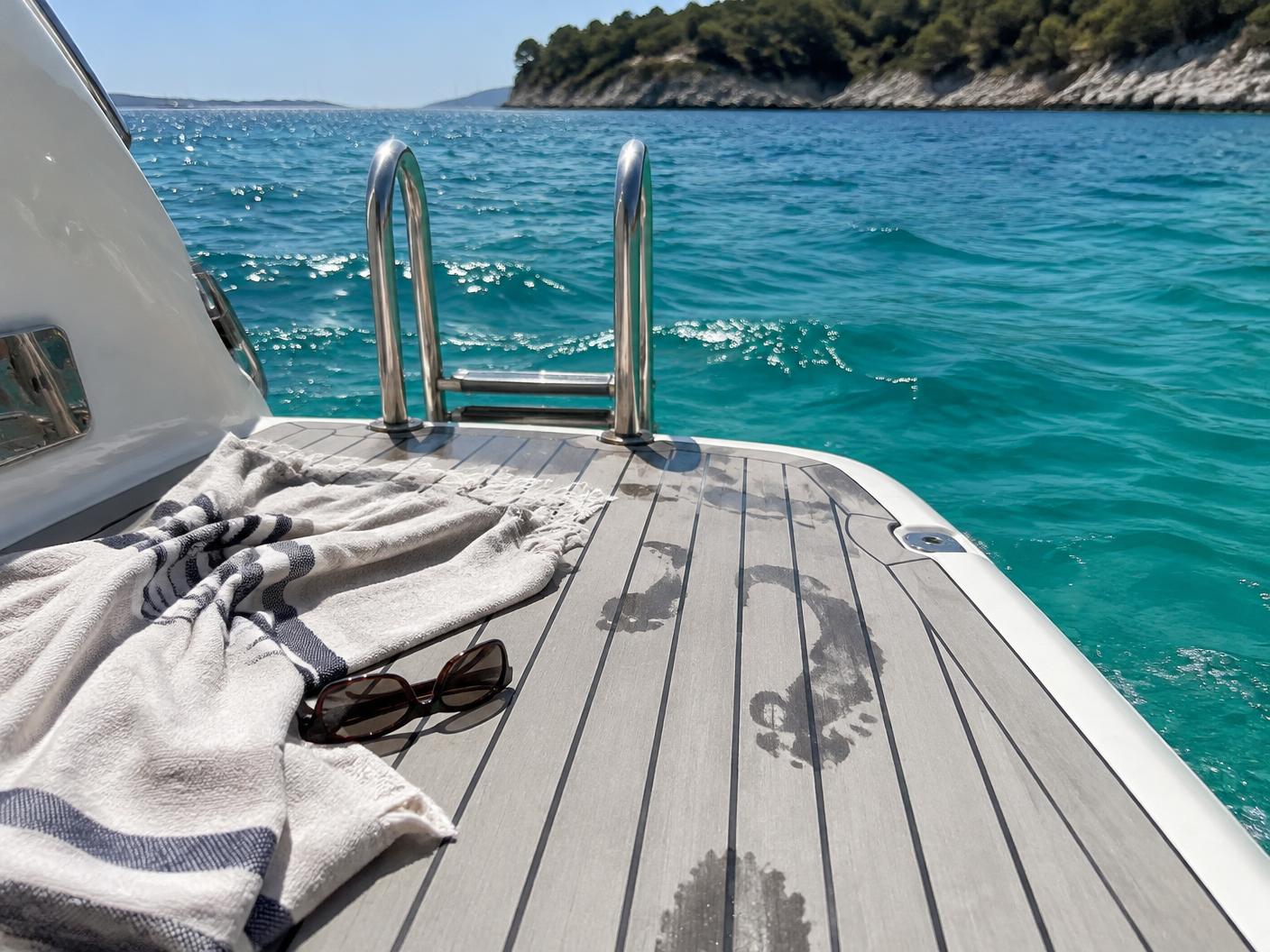 Design visual of a sunlit bathing platform with wet footprints, a towel and a swim ladder